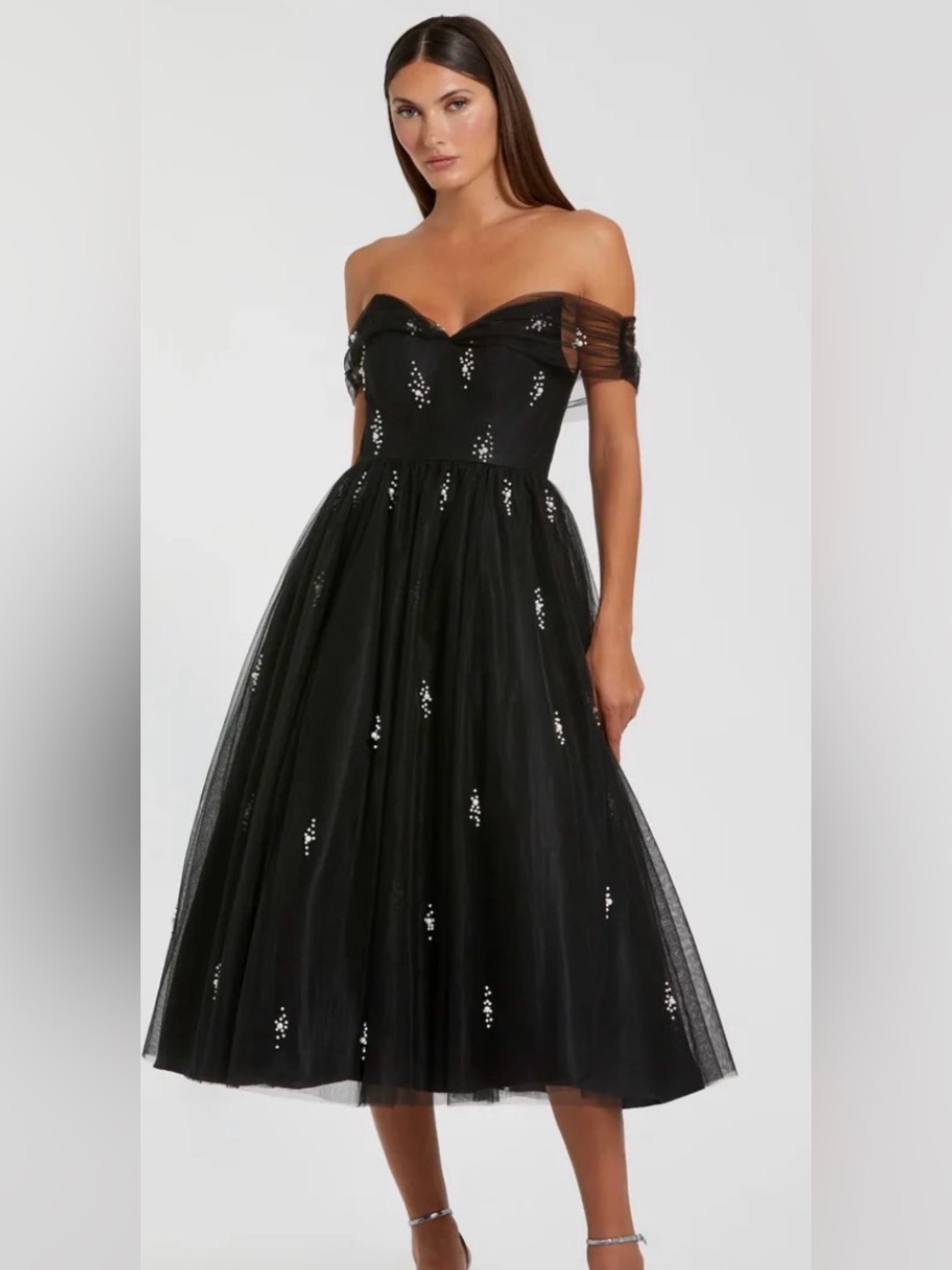 MacDuggal Off-Shoulder Black Tulle Midi Dress